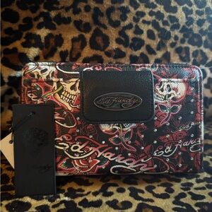 Ed Hardy Black Clutch Wallet with Red & White Skull Tattoo Print